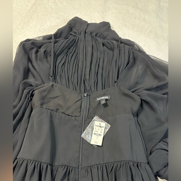 NWT Express Black Mock Neck Long Sleeve Pleated Waist Tiered Ruffle Mini  Dress - Picture 14 of 16